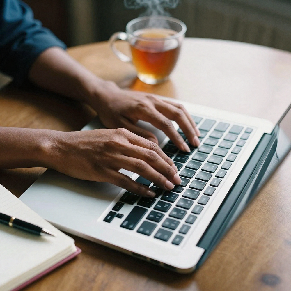 A brown-skinned lady is typing on her laptop. The open laptop is on a wooden desk. A cup of herbal tea, and a notebook and pen are also on the table.